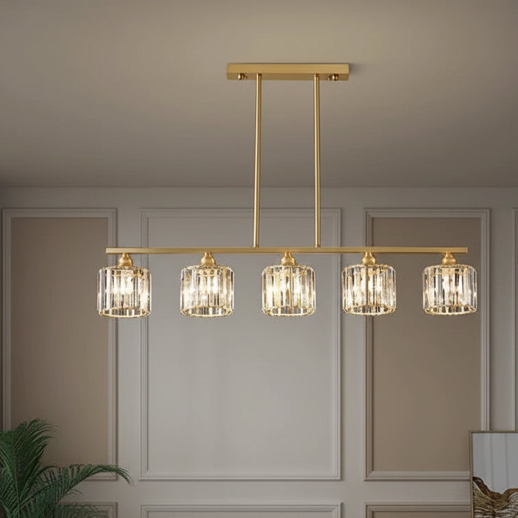 Gold multi-light linear chandelier with five clear cylindrical glass shades