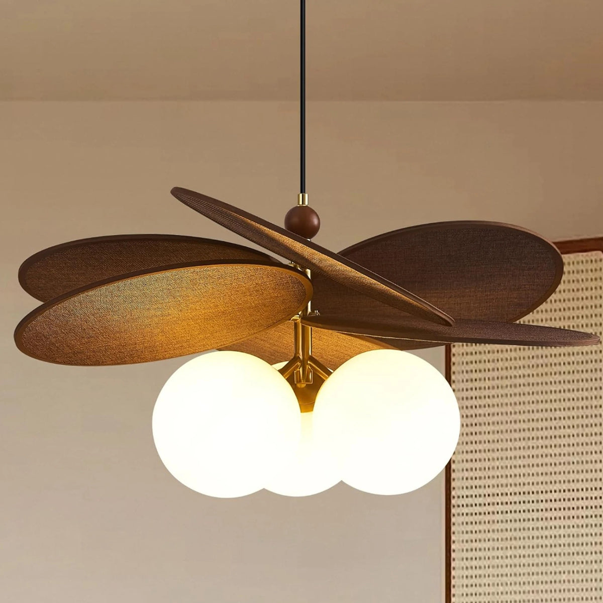 Opal globe pendant light with three opal globes and bronze fan blade arms