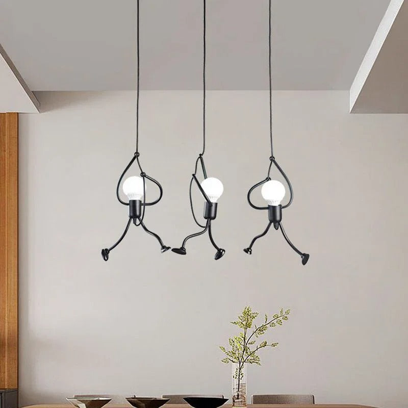 Industrial climbing man pendant light with three globe shades and dark metal arms