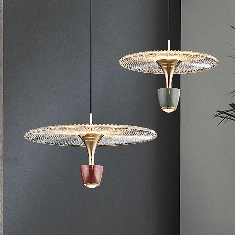 Italian disk conical pendant light pair with green and red conical shades, gold mesh disks