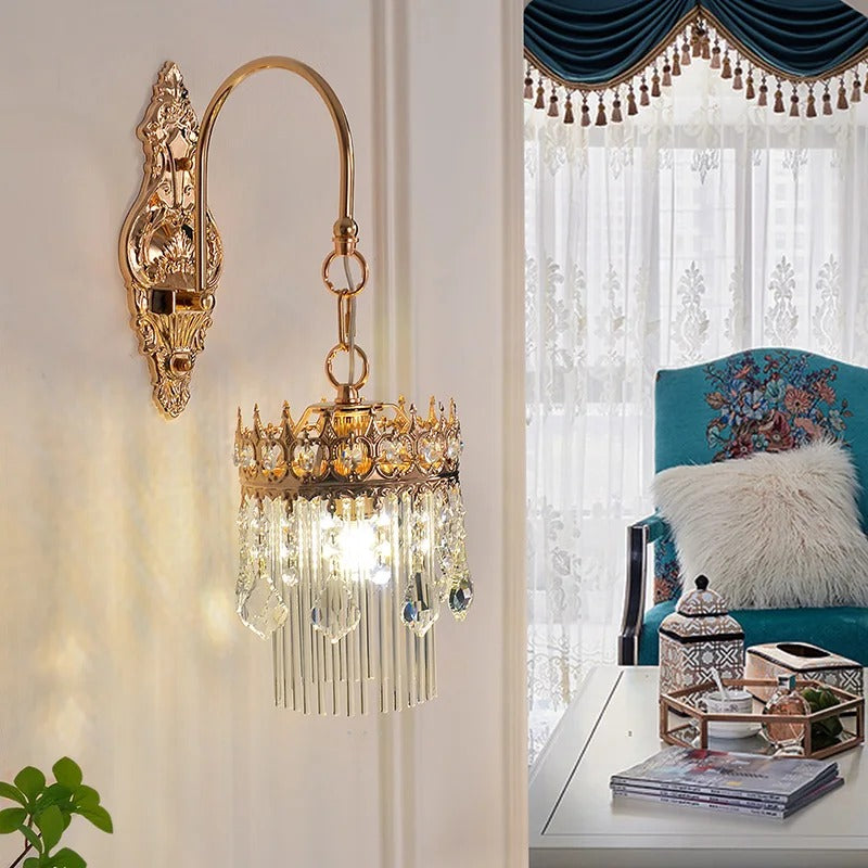 Gold crystal wall light sconce with chandelier-style dangling drops