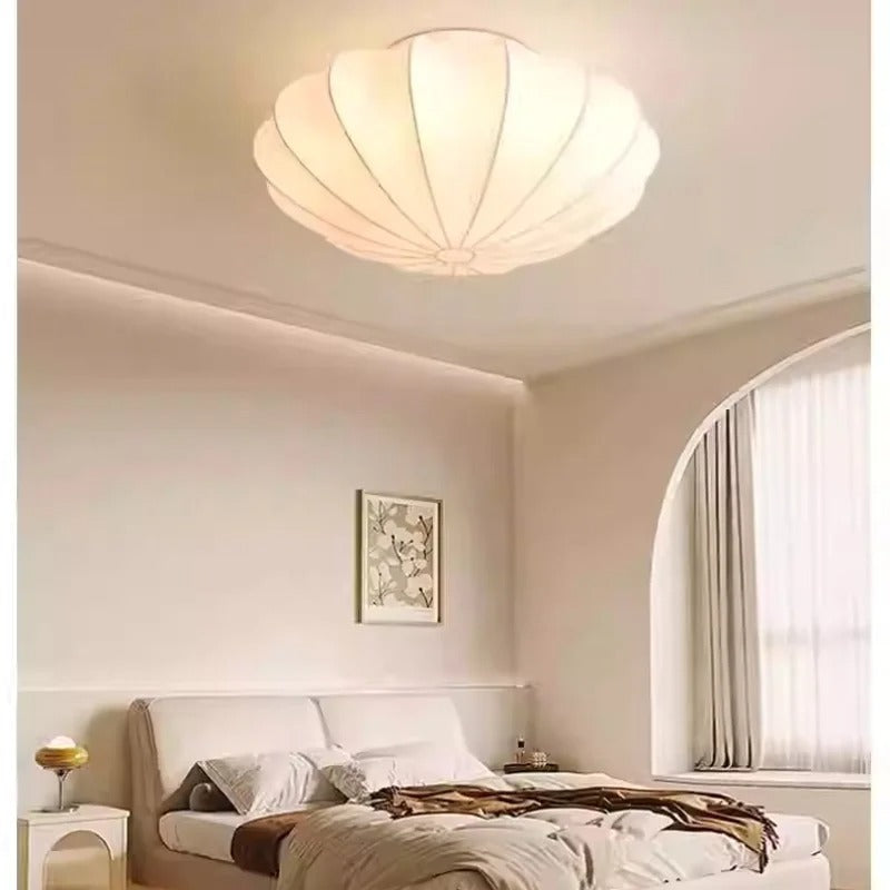 Silk pleated scalloped dome ceiling light with warm white glow
