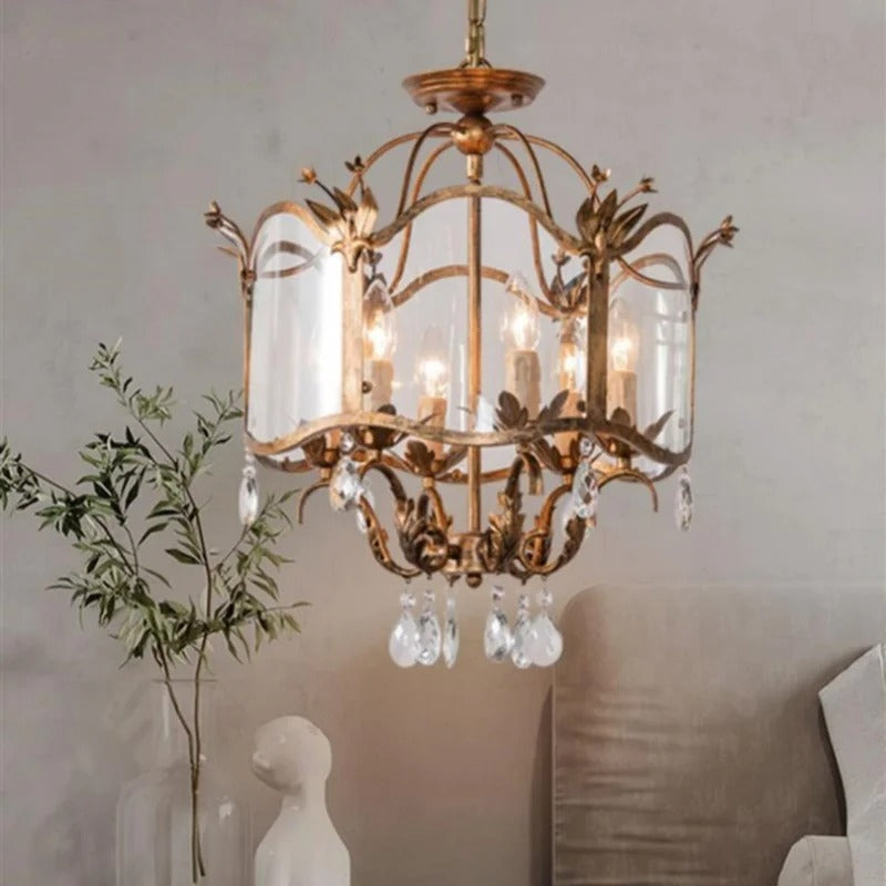 French crown motif pendant chandelier with clear glass panels, candle bulbs, crystal drops