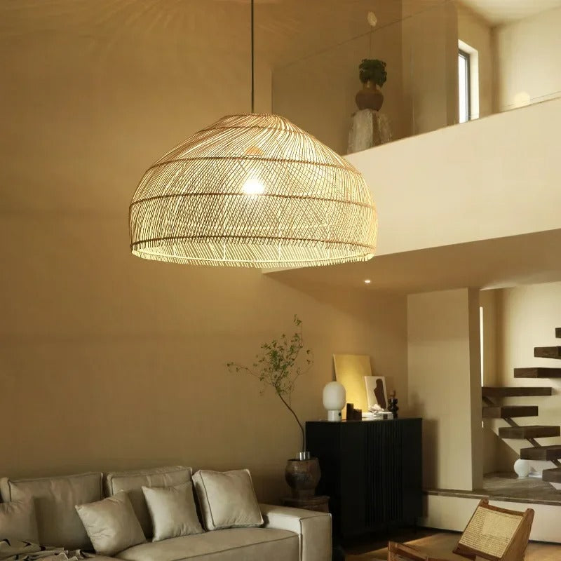 Beige bamboo dome pendant light with woven lattice shade