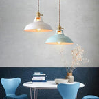 Set of vintage barn pendant lights with white and light blue metal shades