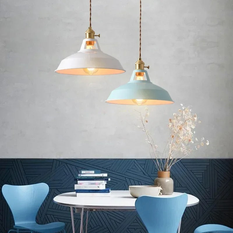 Set of vintage barn pendant lights with white and light blue metal shades