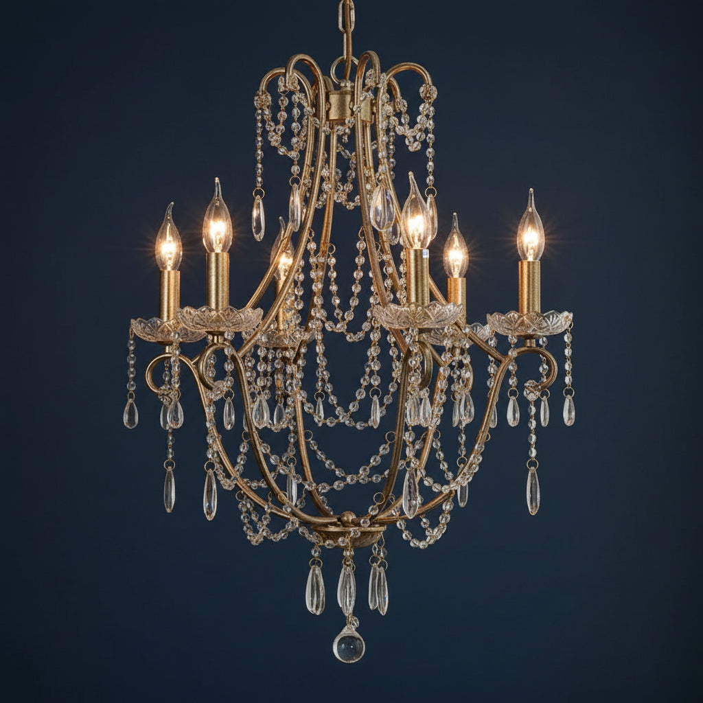 Gold-tone candle chandelier with curved frame and dangling beaded teardrop chains