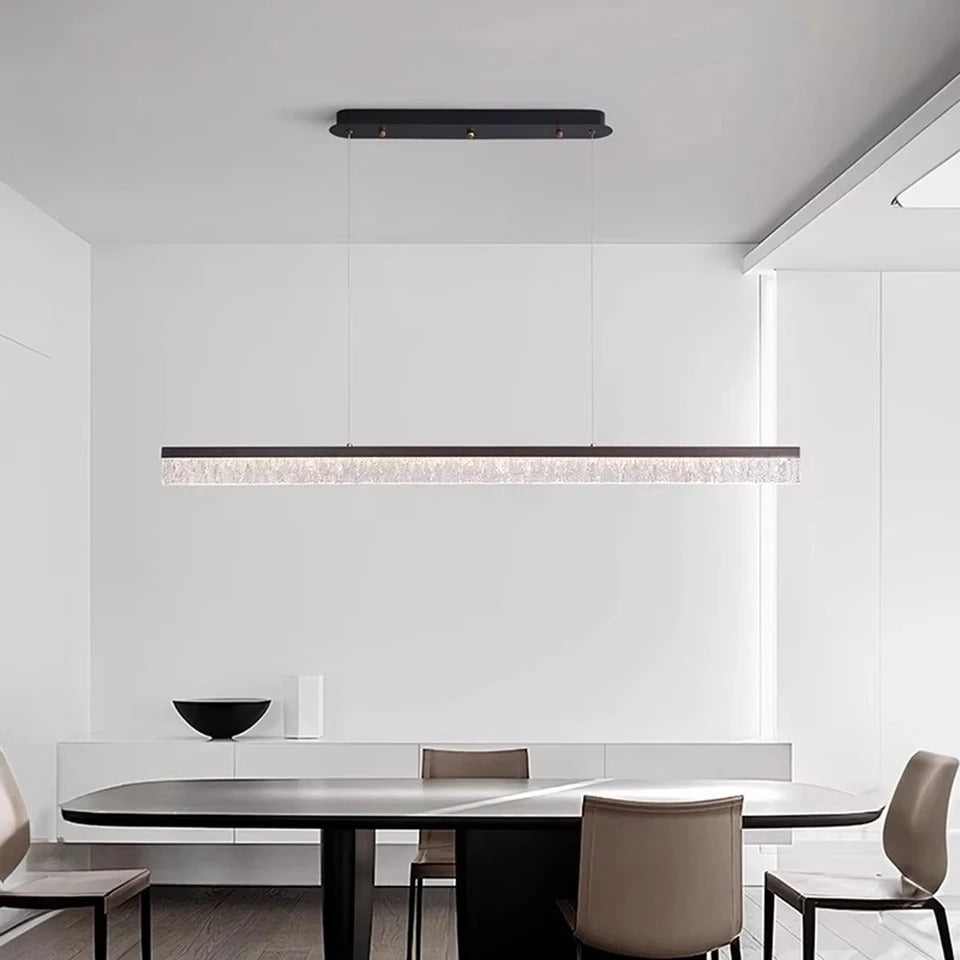 Rectangular bar chandelier with long glass diffuser and black ceiling mount