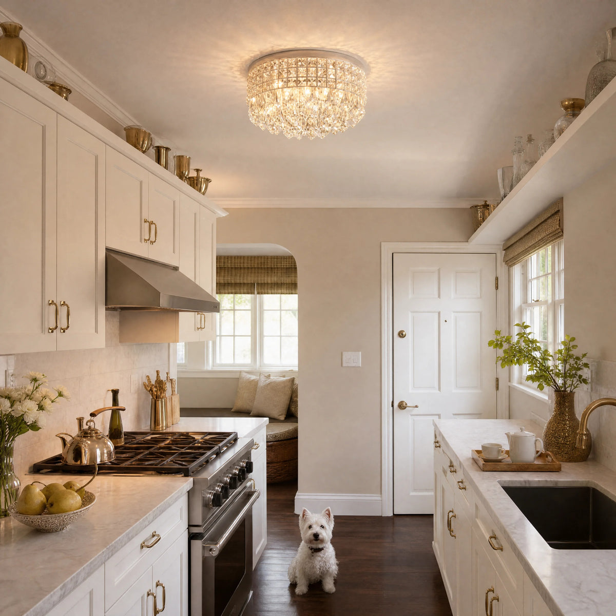 Diamond-cut crystal grid ceiling light with round flush mount fixture