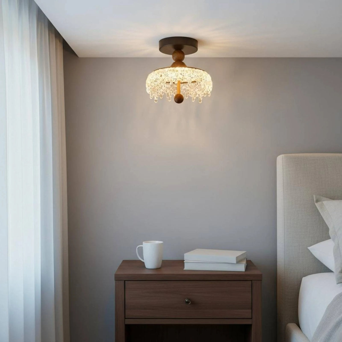 Textured drop ceiling light with gold-toned canopy and frosted glass shade