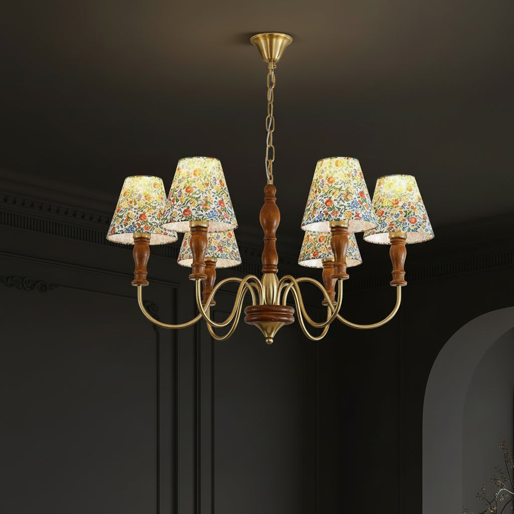 Multi-arm hanging chandelier with floral shades and gold-tone curving arms