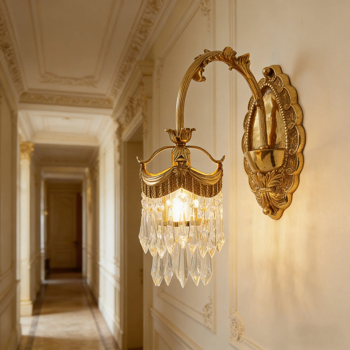 Gold crystal wall sconce with curved mount and one hanging glass shade cluster