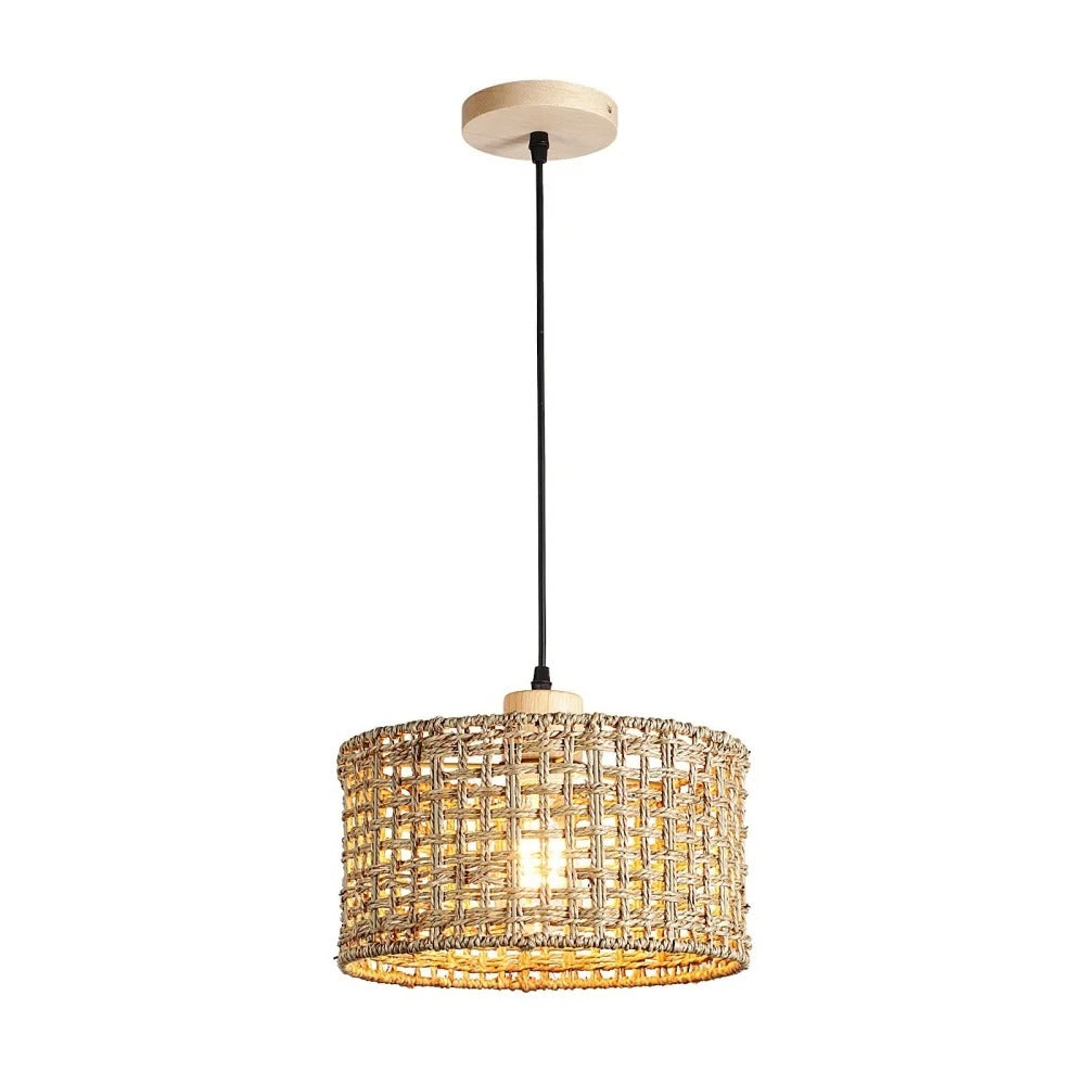 Single rattan drum pendant light with woven cylindrical shade and ceiling mount