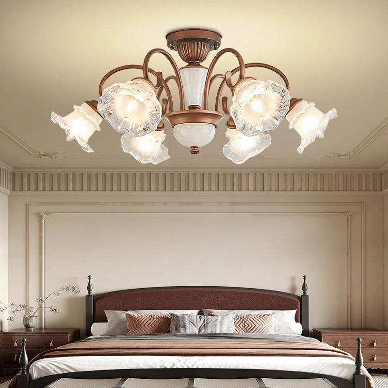 Antique 3-light ceiling light with bronze canopy and clear frosted bell glass shades
