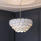 Layered disc chandelier with white scallop-style metal shades, Art Deco drum tier