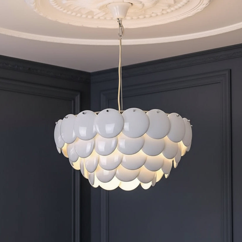 Layered disc chandelier with white scallop-style metal shades, Art Deco drum tier