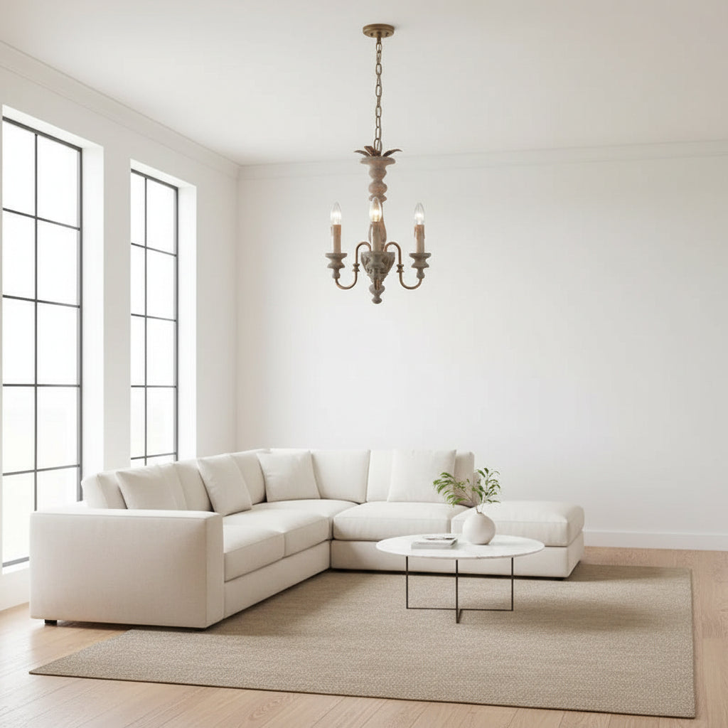 Vintage spindle chandelier with three candle-style lights and hanging chain