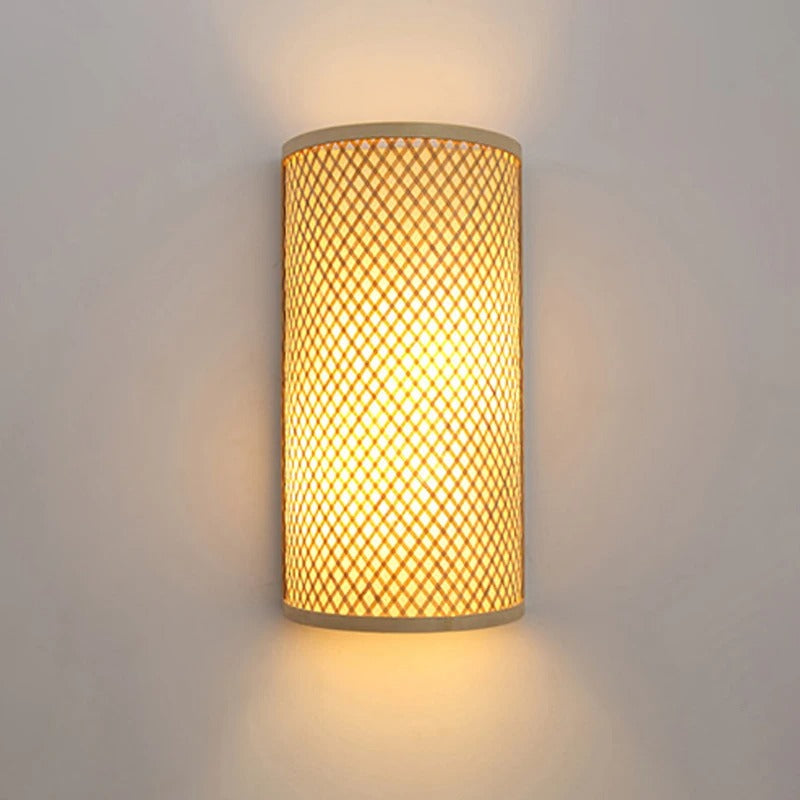 Bamboo lattice cylinder wall sconce light, warm glow