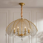 Gold umbrella-style chandelier with beaded crystal dome and hanging teardrop drops