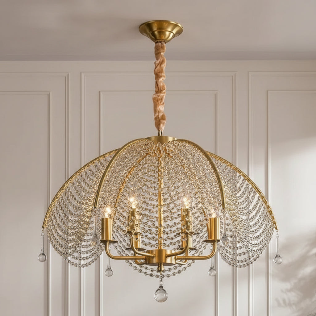 Gold umbrella-style chandelier with beaded crystal dome and hanging teardrop drops