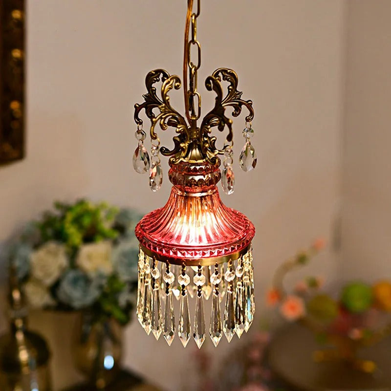 Gevi crystal fringe pendant light with red shade and gold scrollwork, hanging crystals