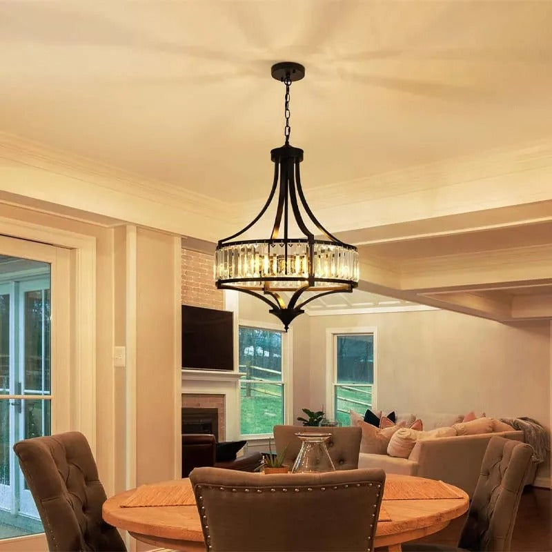 Crystal drum conical pendant light with black metal frame and hanging crystal beads