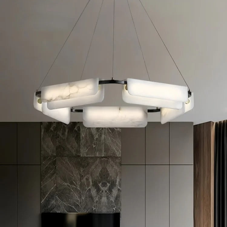 Alabaster-style ring chandelier with frosted white panels and black metal frame