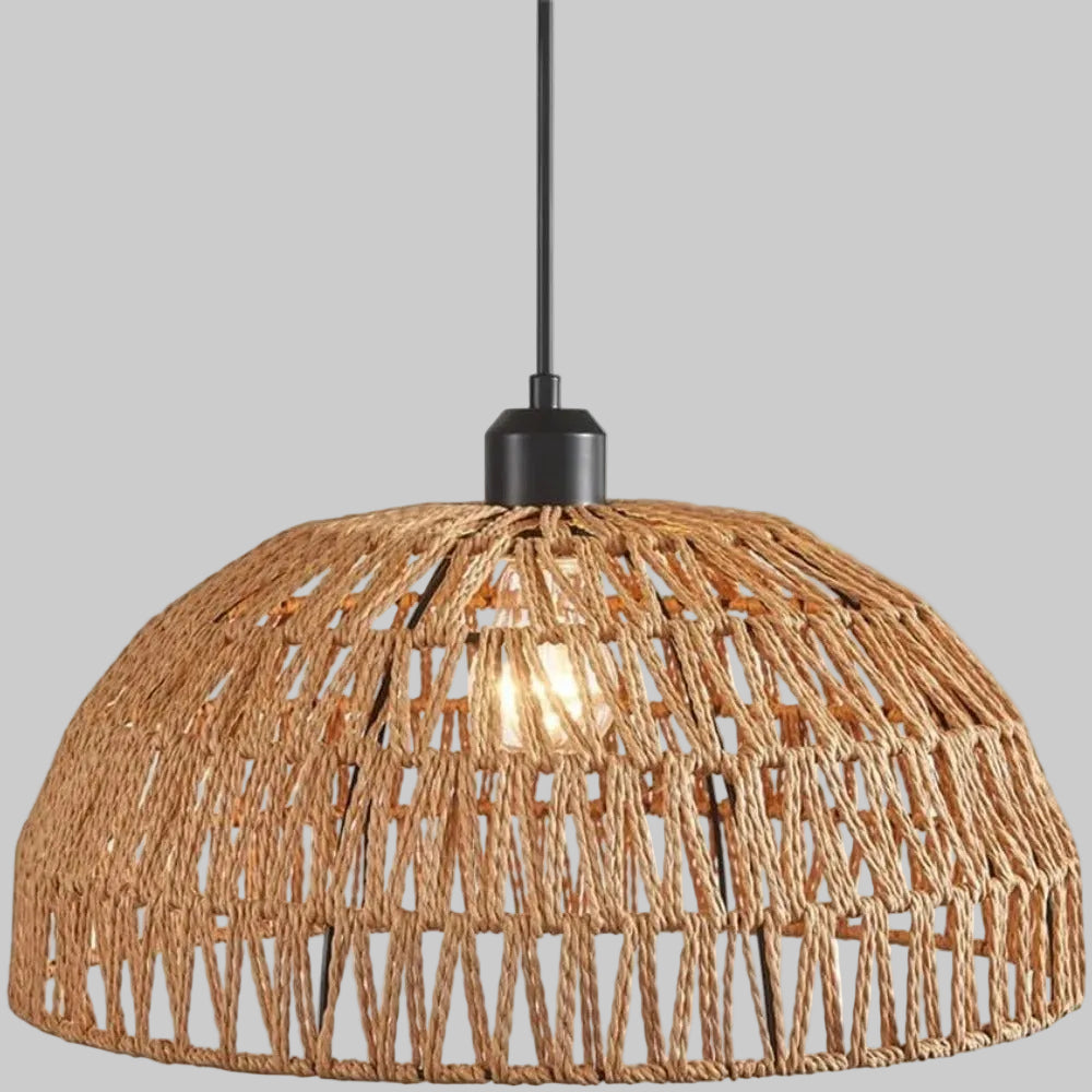 Overhead view of rope-woven dome-like trapezoid pendant light shade