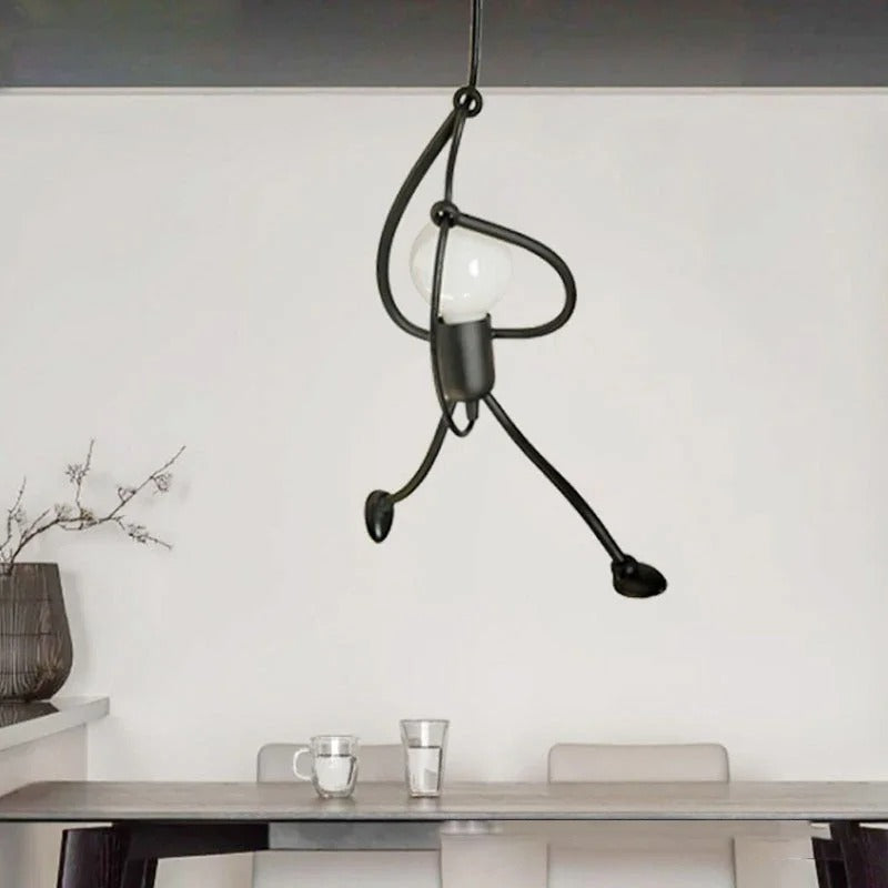 Climbing man pendant light with one globe shade, dark metal frame and exposed bulb