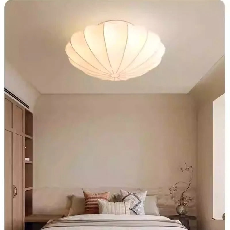 Scalloped pleated silk dome ceiling light, soft warm illumination