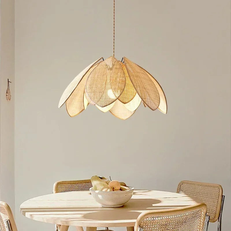 Woven rattan tiered pendant light with clustered petal shades, hanging