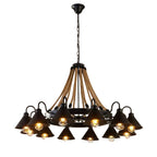 Industrial rustic cone chandelier with black shades, exposed bulbs, and rope canopy
