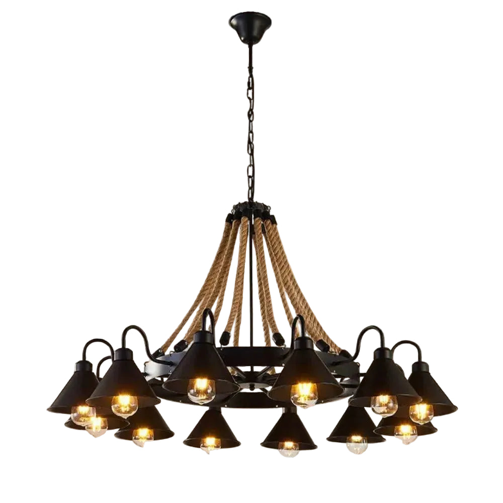 Industrial rustic cone chandelier with black shades, exposed bulbs, and rope canopy