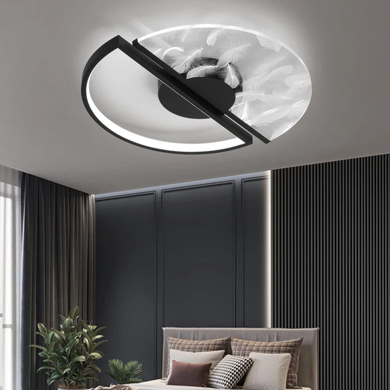 Black round split ceiling light with frosted disc and central bar