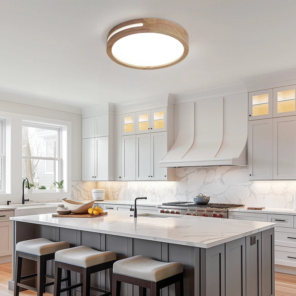 Wooden round LED flush-mount ceiling light with warm illuminated center