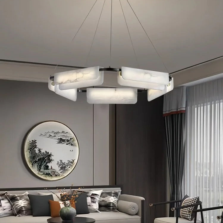 Alabaster-style multi-panel ring chandelier with black canopy and frosted white center panel
