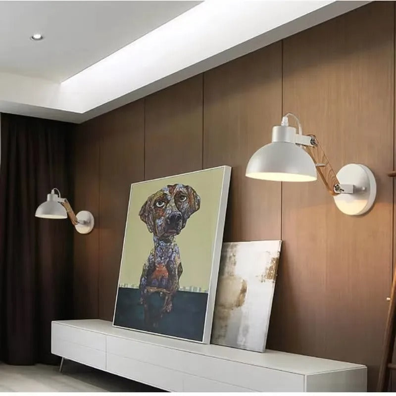 Lit white dome swing-arm wall light with wood arm and round wall bracket