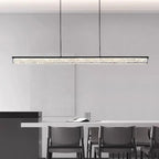 Rectangular bar chandelier with rectangular glass diffuser trim, hanging from cords