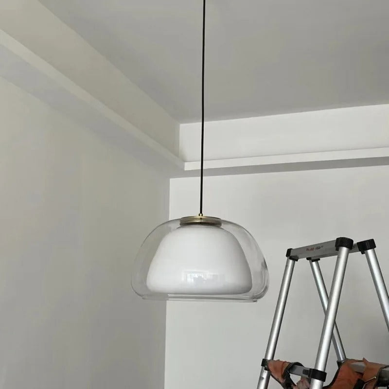 Clear glass dome pendant light with metal canopy and hanging cord