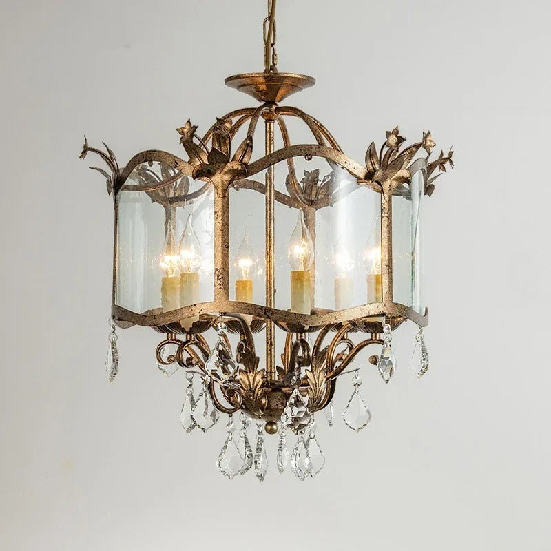 Bronze-tone crown motif pendant chandelier with clear glass panels, candle bulbs, crystal accents