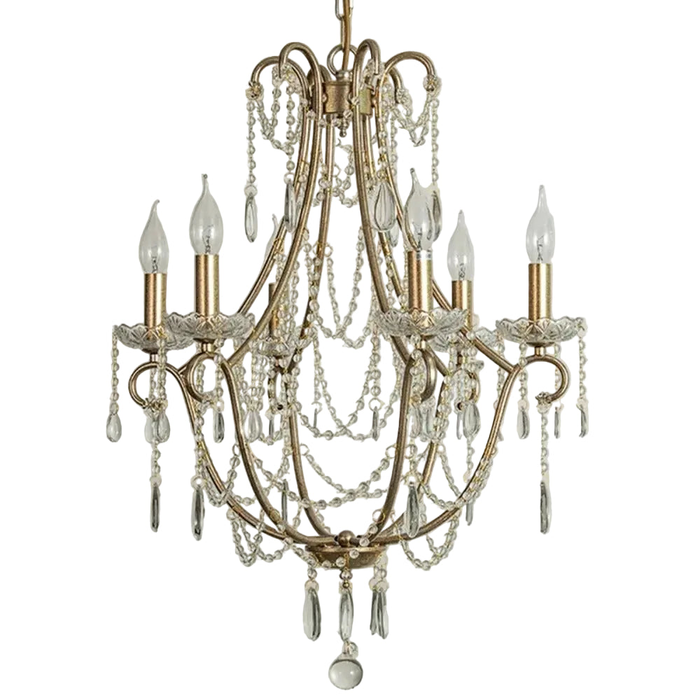 Gold-tone candle chandelier with multiple arms and clear bead teardrop drops