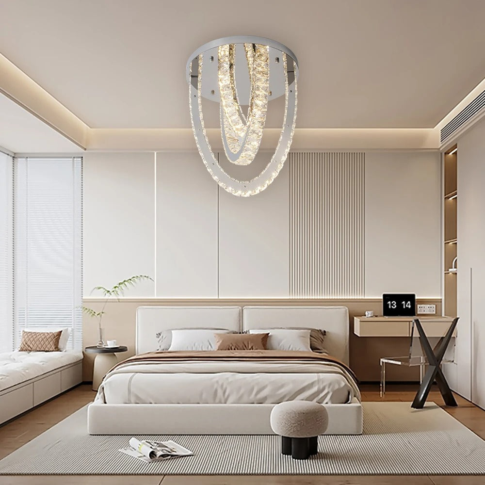 Crystal loop ceiling light with faceted clear glass links and chrome frame