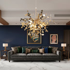 Gold branch chandelier cluster with branching sequin discs and glowing bulbs suspended