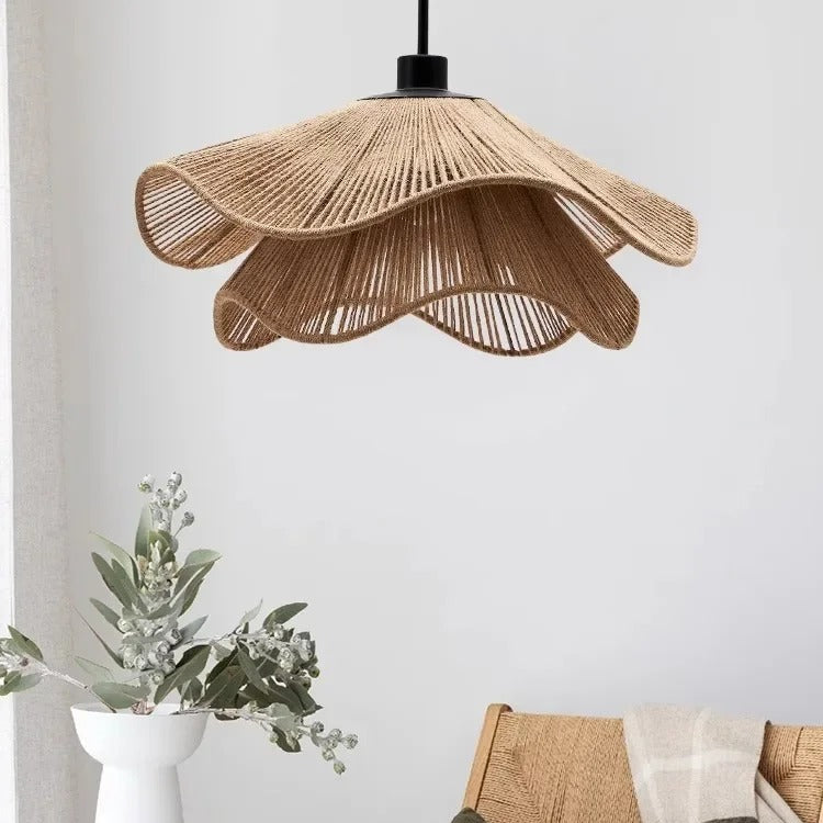Woven rope hat-style pendant light with scalloped brim shade and exposed bulb rings