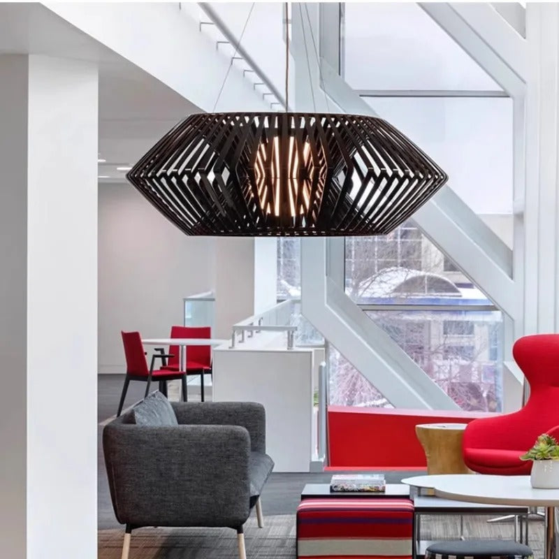 Black diamond tapered hanging chandelier with open lattice shade and warm glow