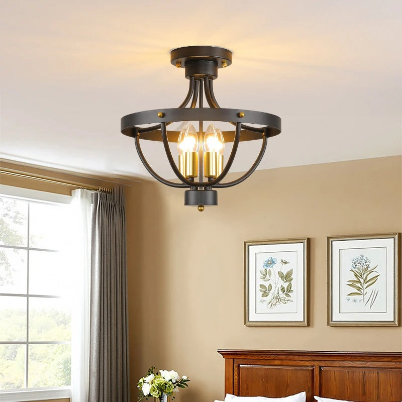 Mounted open cage bowl ceiling light in dark bronze with 3 exposed bulbs