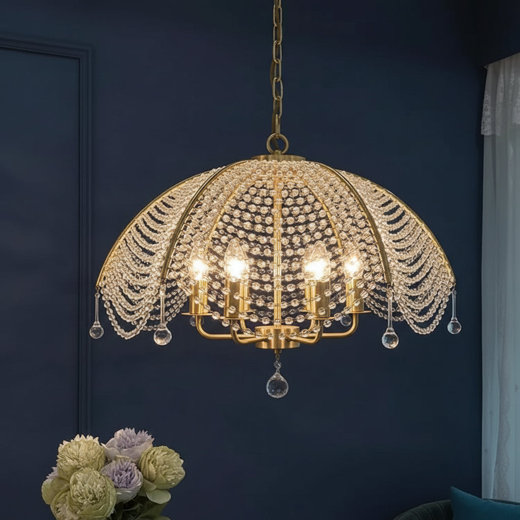 Gold umbrella-style crystal chandelier with scalloped beaded shade and crystal drops