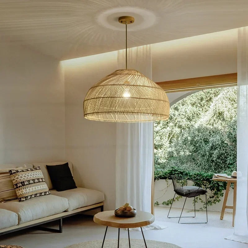 Beige woven bamboo dome pendant light with warm-glow bulb