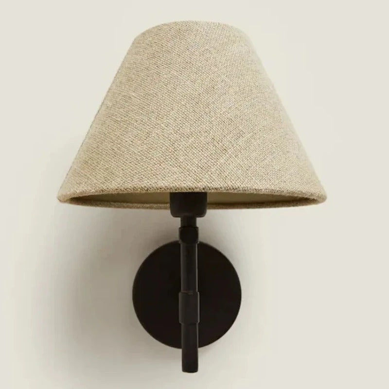 Japandi tapered cone wall light with beige shade and black round wall bracket