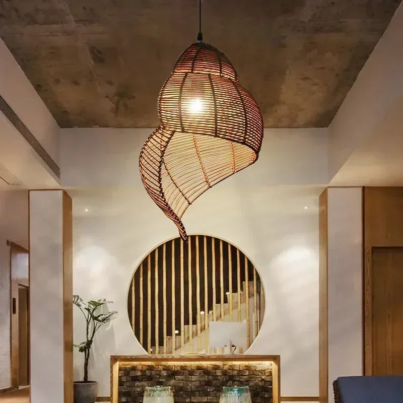 Nordic woven spiral shell pendant light, teardrop cage shade with hanging cord